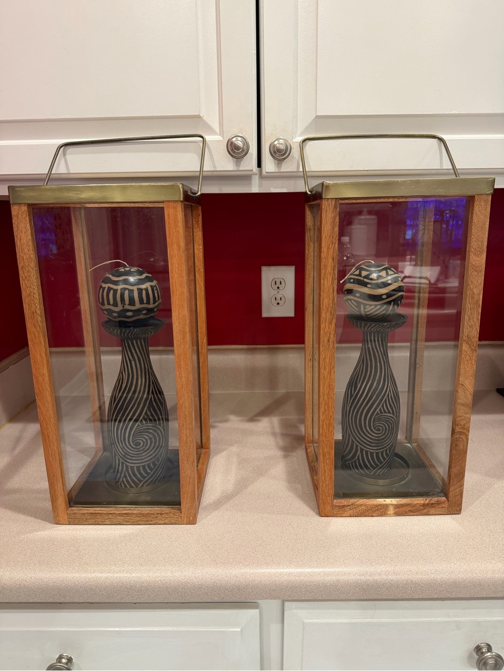 Wood and Glass Decorative Lantern Pair with Black Swirl Sculptures
